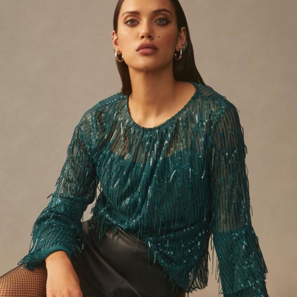 NWT Anthropologie Eva Franco Green Sequin Fringe Top Small - Picture 1 of 6